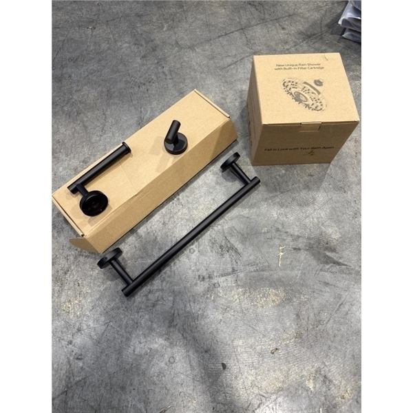 NEW 10PC BATHROOM TOWEL BAR AND TISSUE / HOOK SET BLACK, AND NEW UNIQUE RAIN SHOWER HEAD WITH FILTER