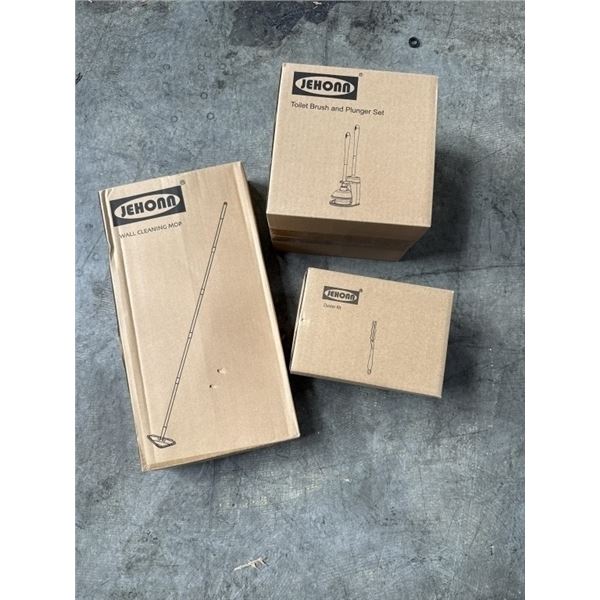 NEW TOILET BRUSH AND PLUNGER SET, WALL CLEANING MOP SETWITH EXTRA PADS, AND DUSTER  WITH 30 REFILLS