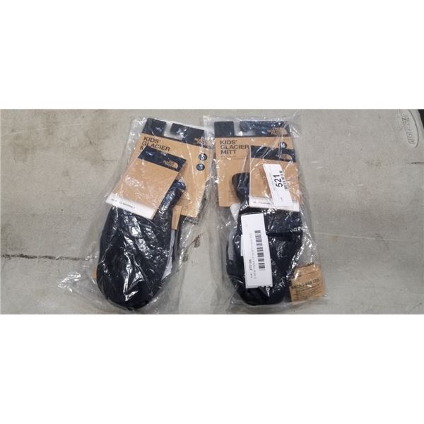 2 NEW PAIRS OF NORTH FACE KIDS GLACIER MITTS, SIZE MEDIUM AND SMALL