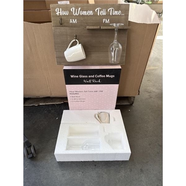 HOW WOMEN TELL TIME AM / PM  WALL RACK GIFT SET, WITH RACK, 2 WINE GLASSES AND 2 WHITE CERAMIC MUGS,