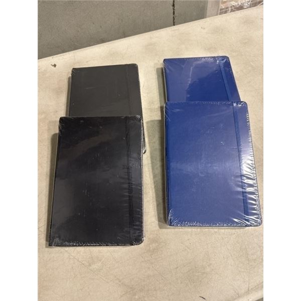 4 NEW A5 SIZE LEATHER NOTEBOOKS, 'MOLESKIN STYLE', 2 BLUE, 2 BLACK