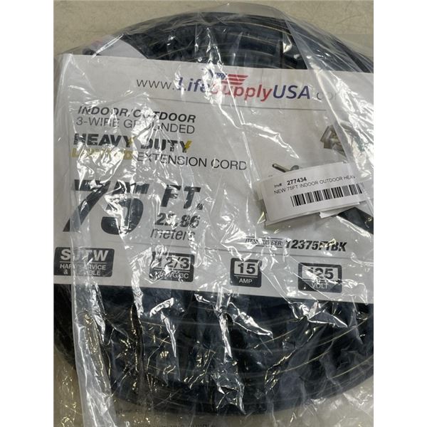 NEW 75FT INDOOR OUTDOOR HEAVY DUTY LIGHTED 3 WIRE EXTENSION CORD, BLACK 12AWG