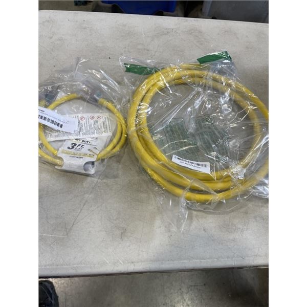 NEW 10FT INDOOR OUTDOOR HEAVY DUTY LIGHTED 3 WIRE EXTENSION CORD, YELLOW 10AWG, AND NEW 3FT INDOOR O