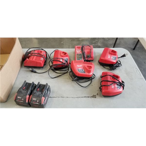 ASSORTED MILWAUKEE BATTERIES AND CHARGERS, UNTESTED