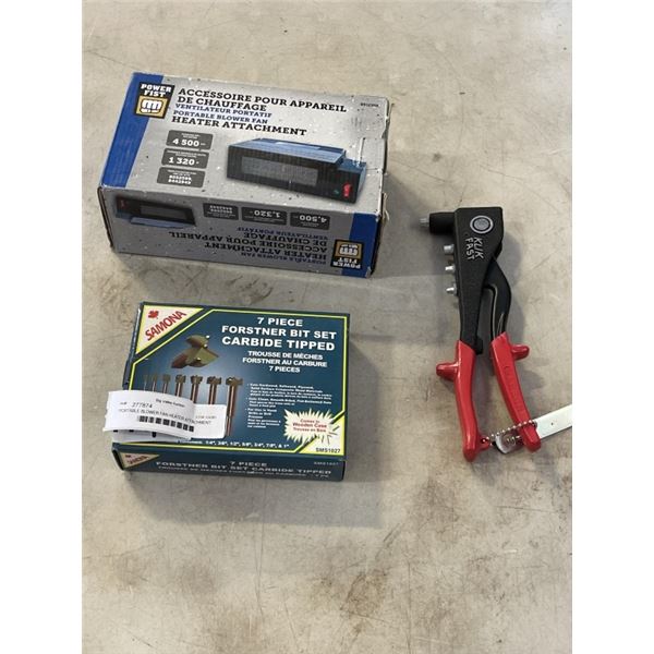 PORTABLE BLOWER FAN HEATER ATTACHMENT, RIVETER AND 7PC FORSTNER BITSET CARBIDE TIPPED