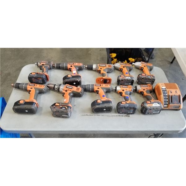 HUGE LOT OF RIDGID 18V DRILLS, IMPACTS, CHARGERS AND MORE