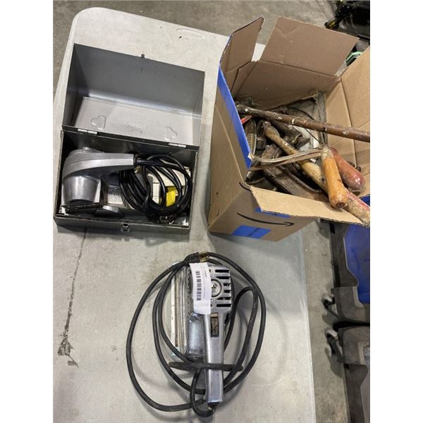 BOX OF SAW BLADES, HAND SAWS, VINATGE CRAFTSMAN AND PORTER CABLE SANDERS