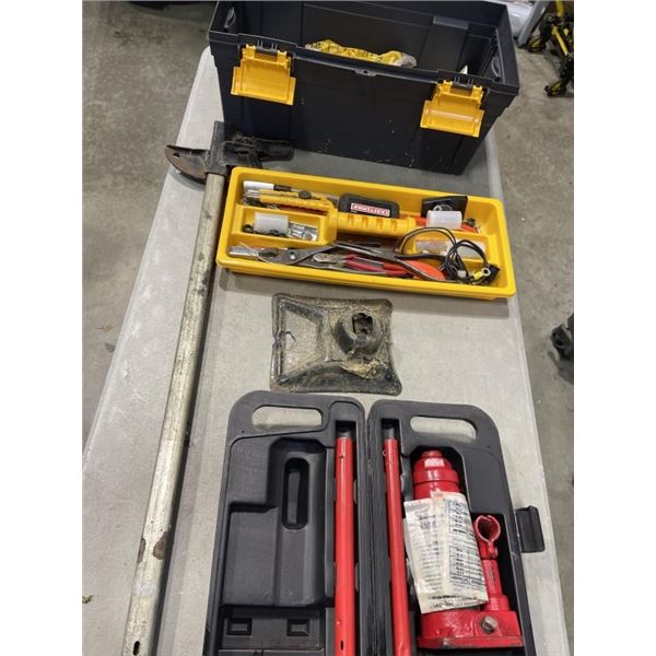 FLOOR JACK, HYDRAULIC CYLINDER JACK AND TOOL BOX WITH CONTENTS