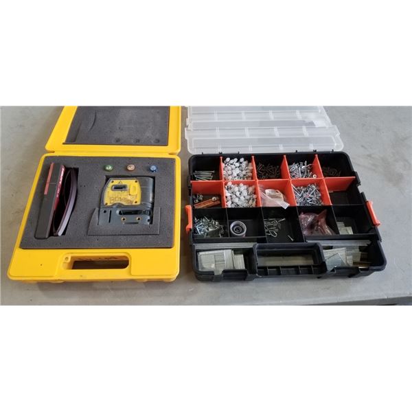 PLASTIC ORGANIZER WITH ASSOPRTED HARDWARE AND LASER LEVEL