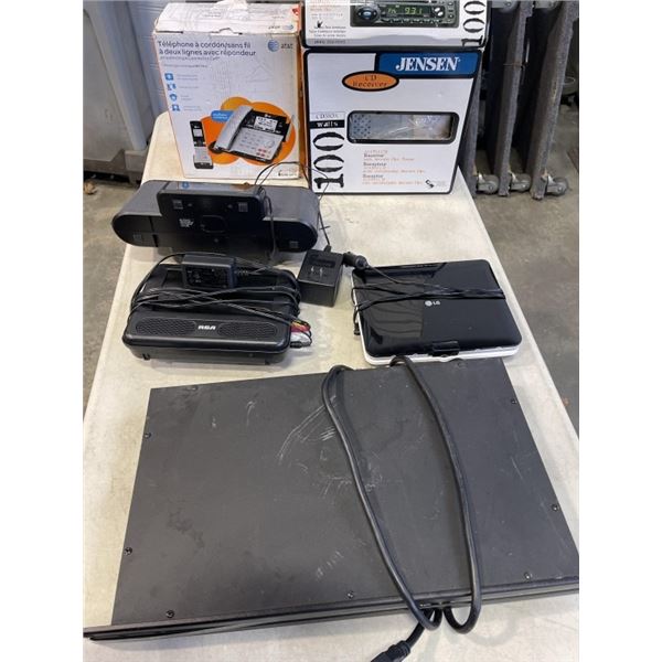 TRAY OF ASSORTED ELECTRONICS - PHONE, CAR STEREO, IPOD DOCK, ETC