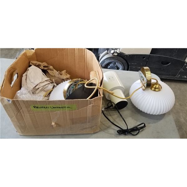 BOX OF LIGHT FIXTURES - 2 SCONCES W/ MILK GLASS SHADES