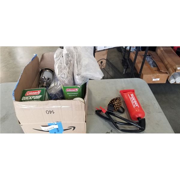 ASSORTED COLEMAN CAMPING ITEMS, INCLUYDING ASIR MATTRESS, PUMP, LANTERNS ETC, ALL WORKING OR UNUSED