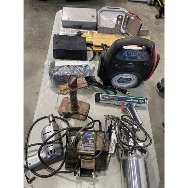 TOTE OF ASSORTED SHOP TOOLS, BIT SETS AND MORE