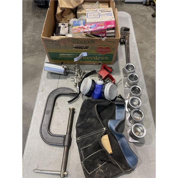 BOX OF ASSORTED SHOP HARDWARE, LARGE C CLAMP ETC