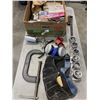 Image 1 : BOX OF ASSORTED SHOP HARDWARE, LARGE C CLAMP ETC