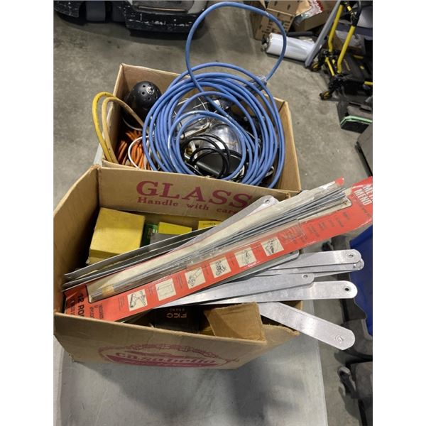 2 BOXES OF METAL MEND, ELECTRICAL AND TROUBLE LIGHT ETC