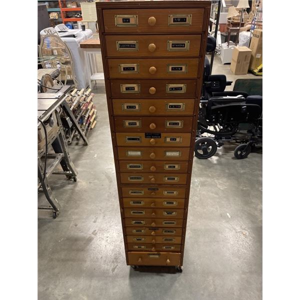 WOODEN ROLLING TOOL CABINERT FILLED WITH HARDWARE