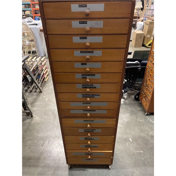 WOODEN ROLLING TOOL CABINERT FILLED WITH TOOLS