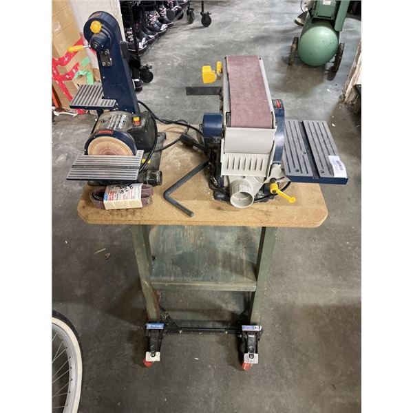 2 MASTERCRAFT BELT AND DISC SANDERS MOUNTED ON ROLLING STAND