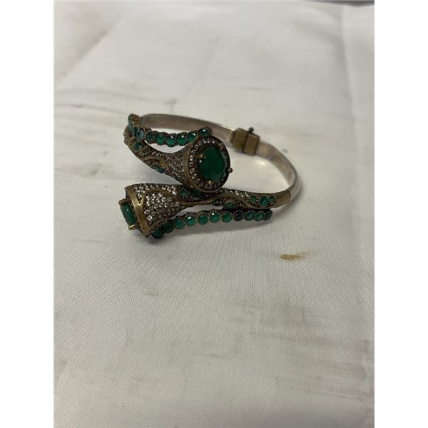 VINTAGE OR ANTIQUE STERLING SILVER W/ EMERALD GREEN STONES HINGED BANGLE, HAND CRAFTED