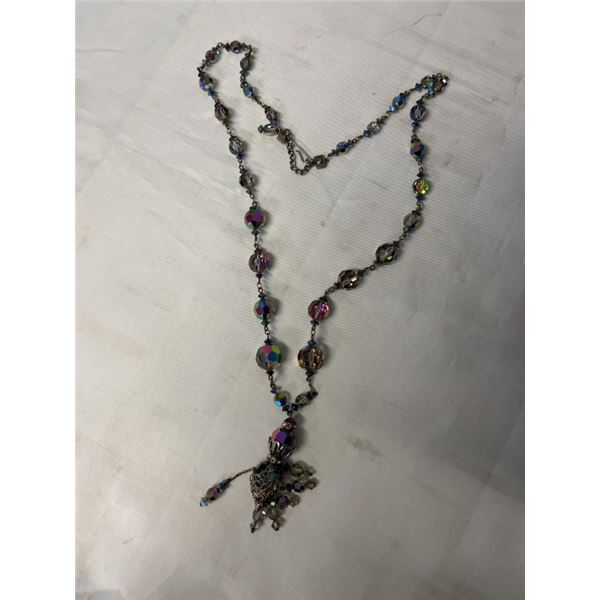 VINTAGE EXTRA LENGTH CARNEVAL GLASS BEADS NECKLACE W/ MATCHING TASSEL PENDANT 26-28" LENGTH, SELF AD