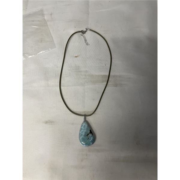 SILVER FRAMED TURQUOISE STONE PENDANT W/ CORD NECKLACE