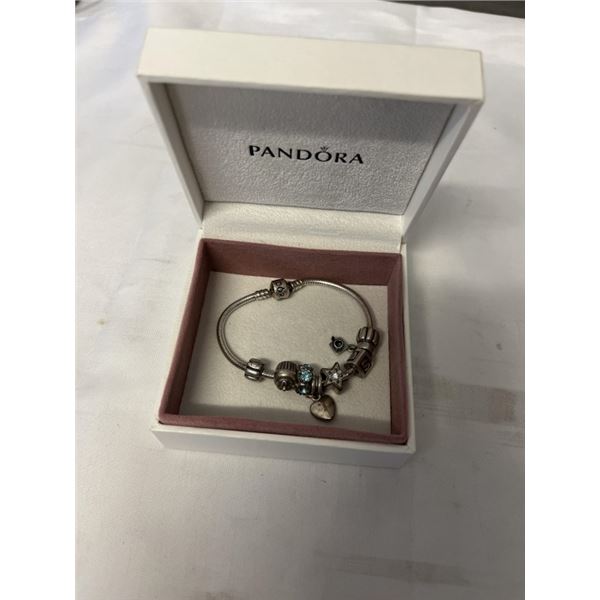 925 STERLING SILVER PANDORA CHARM BRACELET, MOST CHARMS MARKED 925 IN BOX