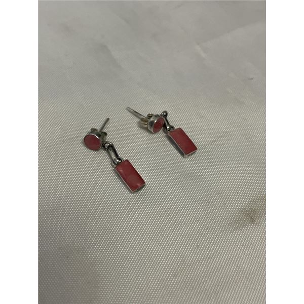 PAIR OF 950 STERLING SILVER W/ PINK JADE STONES EARRINGS