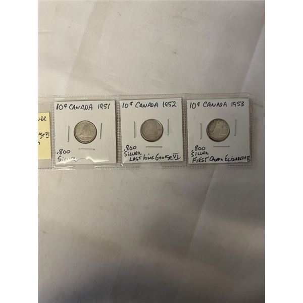 3 CANADIAN SILVER DIMES 1951, 1952, LAST KING GEORGE II, 1953 FIRST QUEEN ELIZABETH II .800 SILVER