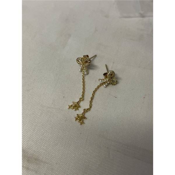 GOLD W/ SEED PEARLS DANGLING STARS PAIR OF EARRINGS MARKED 925