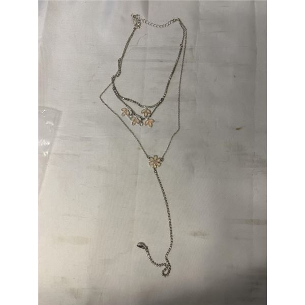 VINTAGE DOUBLE STRAND SILVER COLOUR W/ RHINESTONES NECKLACE, SELF ADJUSTABLE LENGTH