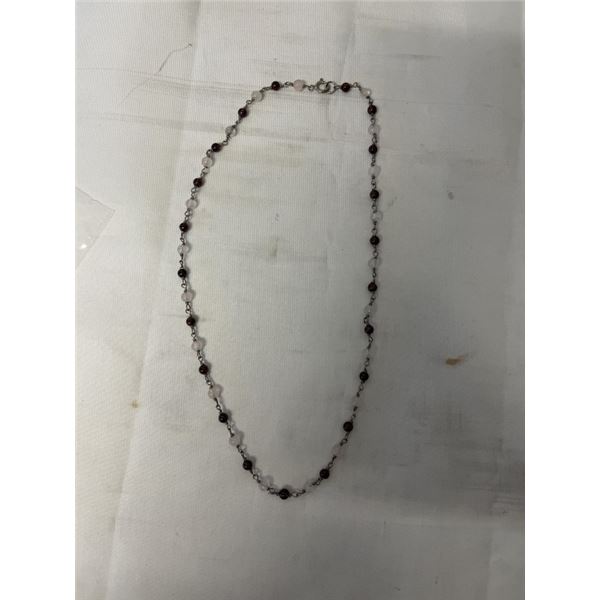VINTAGE SILVER W/ GARNET AND ROSE QUARTZ BEADS LINKED NECKLACE, MARKED 925