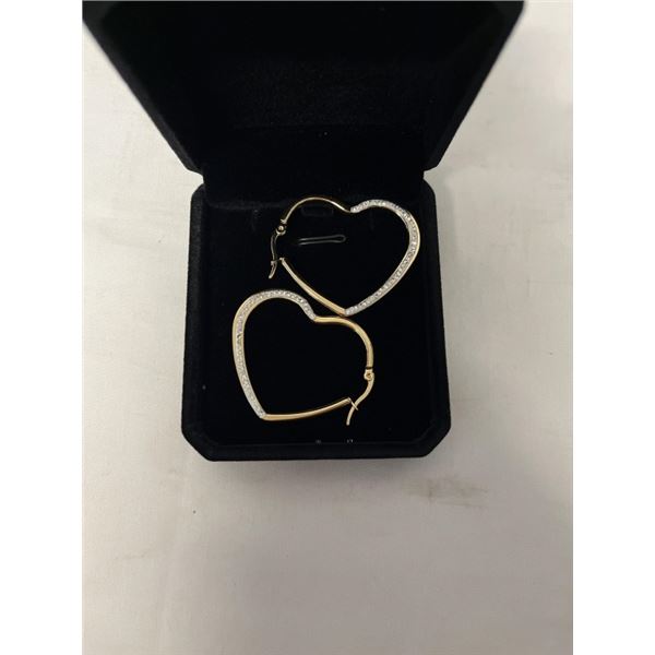 NEW 14K GOLD PLATED 43MM SIMULATED DIAMOND (CZ) HEART HOOP EARRINGS