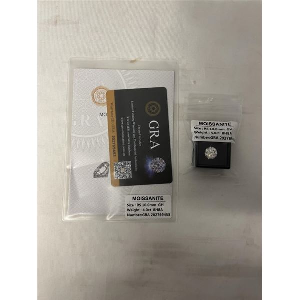 NEW 4.0 CARAT MOISSANITE LAB DIAMOND, ROUND BRILLIANT CUT, GH-VVS1, GRA REPORT, TESTS POSITIVE W/ DI