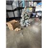 Image 1 : BRAND NEW 40 INCH FLOCKED INDOOR / OUTDOOR CHRISTMAS TREE, IN BLACK POT WITH BURLAP WRAP, AND SET OF