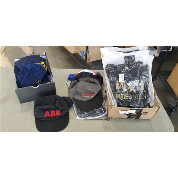 5 NEW ASSORTED SIZE BLACK HOODIES, AND ASSORTYED VINTAGE BALL CAPS