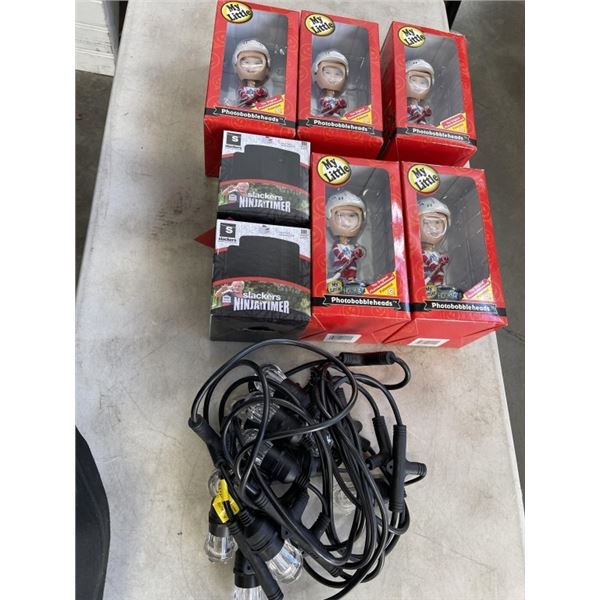 24FT STRING LIGHT, 2 NINJA TIMERS AND ASSORTED MY BOBBLE HEAD HOCKEY FIGURES