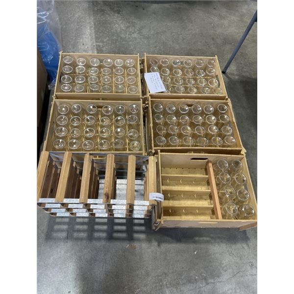 5 MILK BOTTLE STORAGE CRATES W/ 104 BOTTLES AND WINE RACK