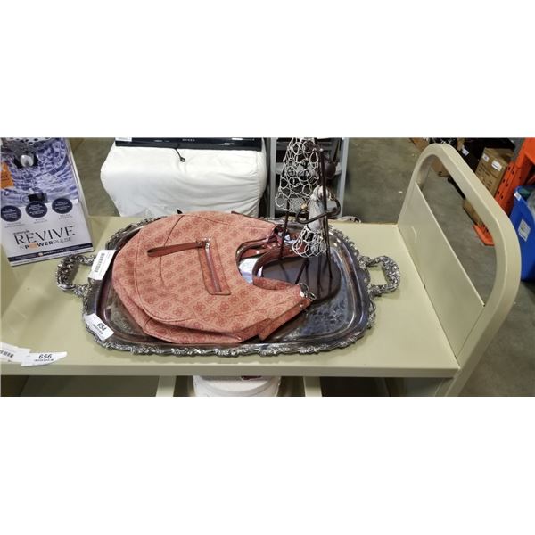 SILVER PLATE SERVING TRAY, PURSE AND METAL DECOR