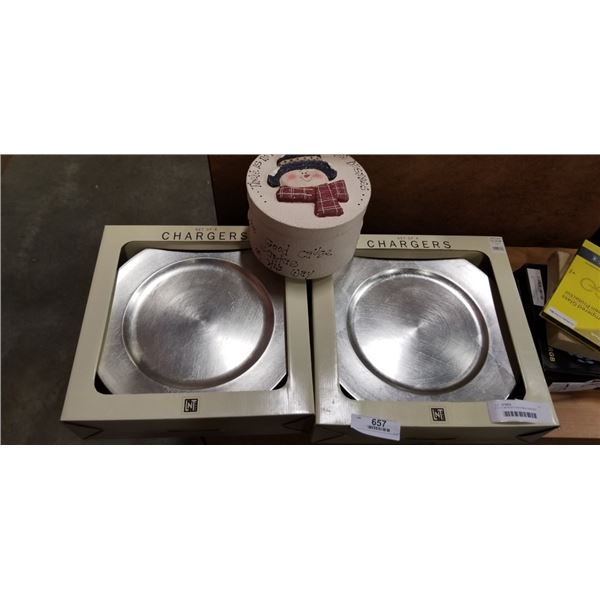 2 NEW SETS OF CHRISTMAS CHARGER PLATES, AND NEW  HAND MADE GIFT BOX