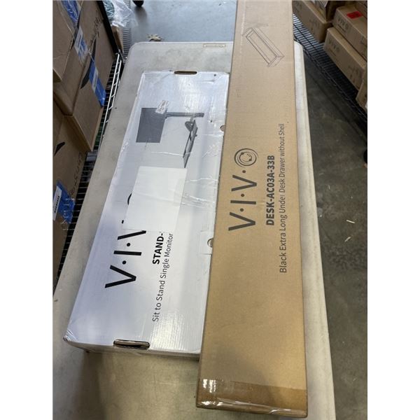 VIVO SIT TO STAND SINGLE MONITOR WORK STATTION AND VIVO EXTRA LONG UNDER DESK DRAWER
