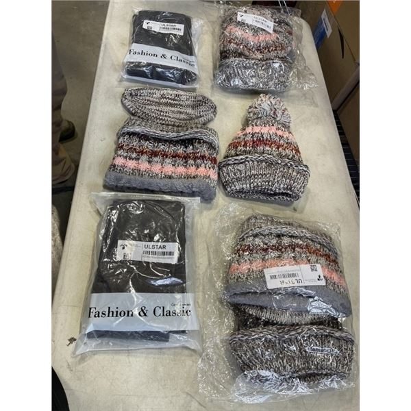 3 NEW 3PC WINTER TOQUE, NECK WARMER AND MOUTH COVER SETS, AND 2 PAIRS OF NEW WINTER LEGGINGS CLOSED 