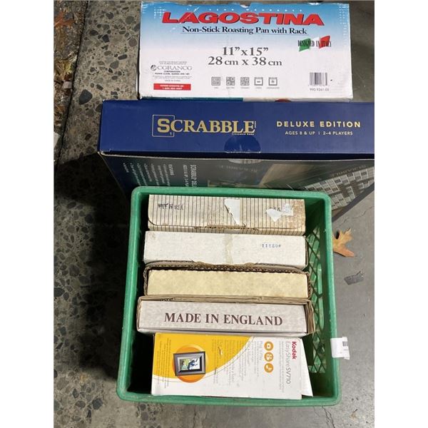 COLLECTOR PLATES, LARGE FORMAT SCRABBLE GAME, ROASTING PAN AND KODAK PICTURE FRAME