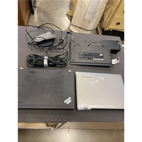LENOVO THINKPAD WORK STATION DOCK, AND LENOVO THINKPAD LAPTOP, AND LENOVO GREY LAPTOP