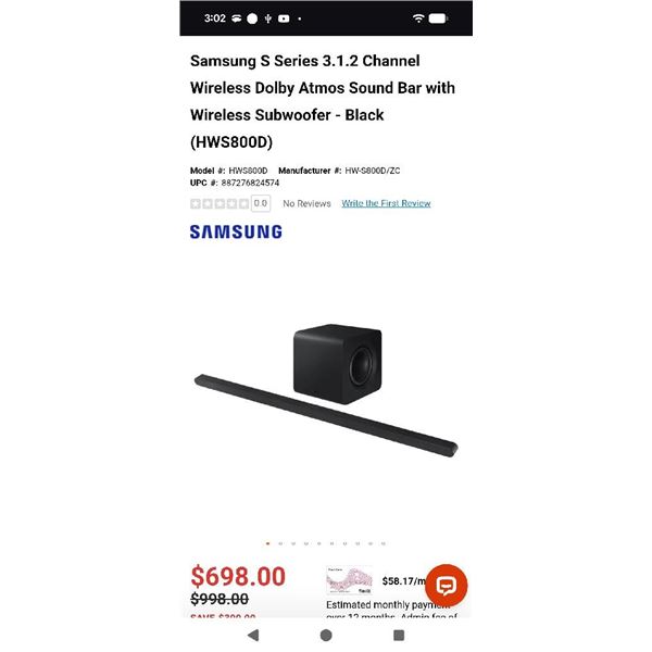 SAMSUNG SLIM SOUNDBAR HWS800D WORKING WITH SUBWOOFER MSRP $1000
