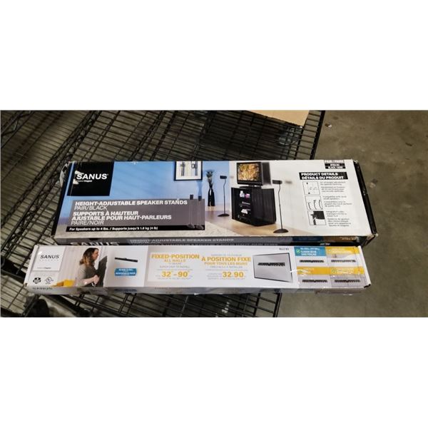 NEW PAIR OF SANUS HEGHT ADJUSTABLE BLACK SPEAKER STANDS AND 32-90 INCH FIXED TV WALL MOUNT