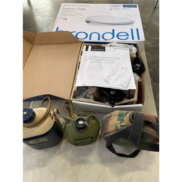 3 VINTAGE CANTEENS, INSIGNIA TV MOUNT, AND BRONDELL TOILET SEAT, STORE RETURNS