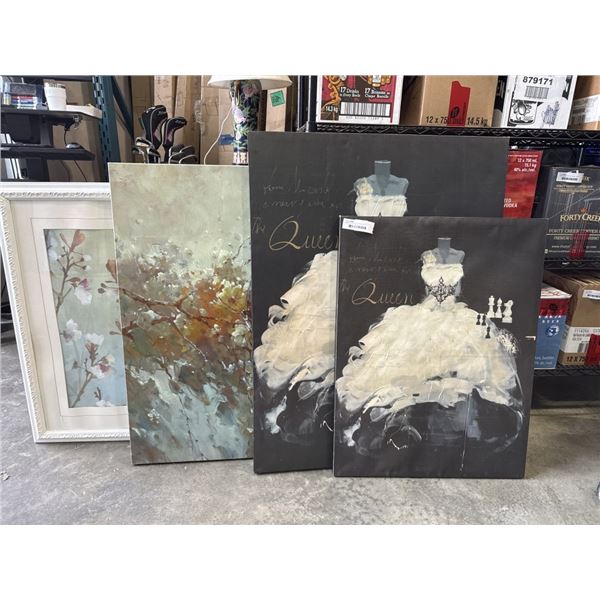 FRAMED FLORAL PRINT AND 3 CANVAS PRINTS