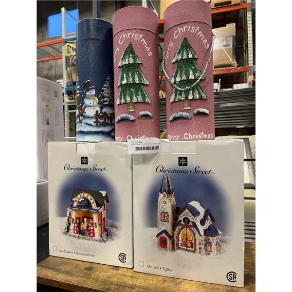 CHRISTMAS VILLAGE GAS STATION AND CHURCH LIGHTED HOUSES