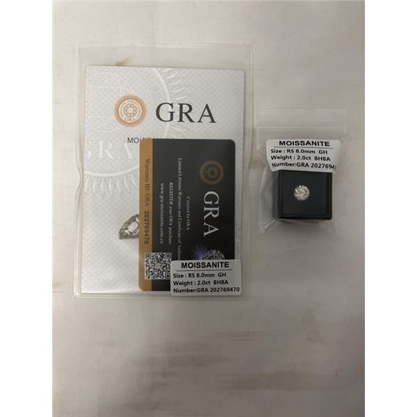 NEW 2.0 CARAT MOISSANITE LAB DIAMOND, ROUND BRILLIANT CUT, GH-VVS1, GRA REPORT, TESTS POSITIVE W/ DI